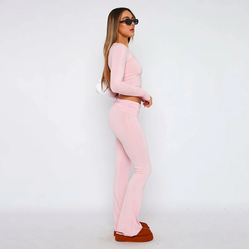 CUTENOVA WomenS Spring Casual 2 Piece Outfits Long Sleeve Crew Neck Crop Tops And Low Waist Flare Pants Lounge Sets Track 241105