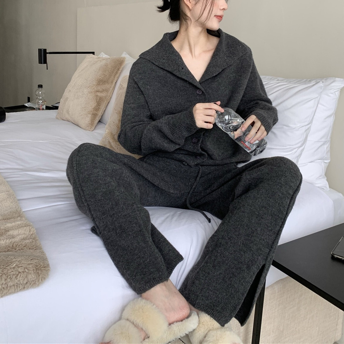 Women's Casual Sportswear Lapel Single-Breasted Knit Cardigan Baggy Wide-Legged Trousers 2Pcs Matching Set Pants Suit