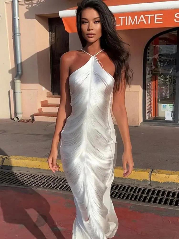 Casual Dresses Chic Tassel Patchwork Slit Halter Evening Dress Women Sexy Off Shoulder Sleeveless Long Female Fashion Party Vestidos