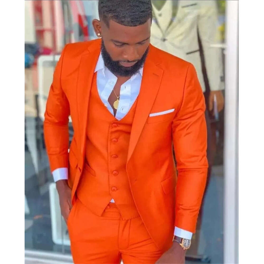 Orange Prom Suit For Men High Quality Jacket Casual 3 Piece Clothing Fashion Blazer One Button Slim Fit En Wedding Tuxedos