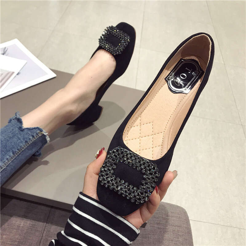 2023 Autumn New Versatile Water Diamond Suede Square Head Shallow Mouth Coarse Custom Scoop Low Middle Heel Women's Shoes
