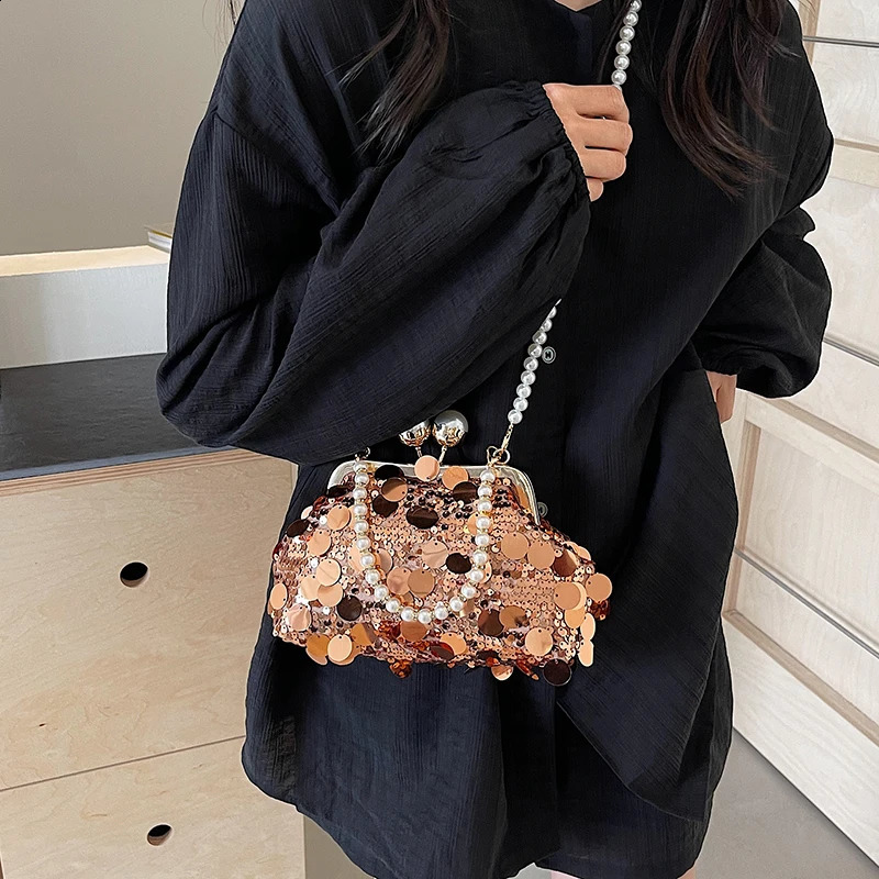 womens pearl chain bag niche sequin bag casual street shoulder cross body bag trend armpit bag 241105