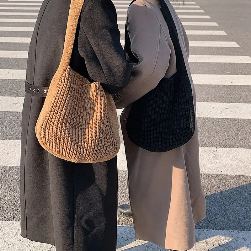 Korean Fashion Knitted Shoulder Shopping Bags For Women Vintage Soft Tote Bag Large Capacity Female Handbag Solid Sac 241104