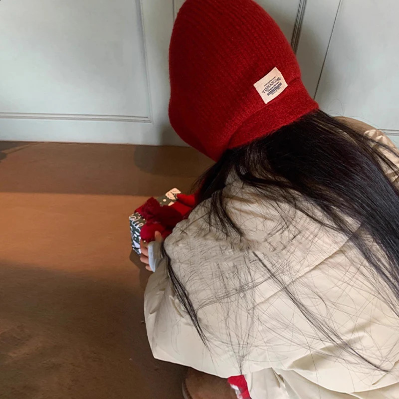 Korean Knitted Beanies Cap Autumn Winter Warm Lady Cute Pleasant Balaclava Bonnet Fashionable Versatile Strap Hooded Hat 241105