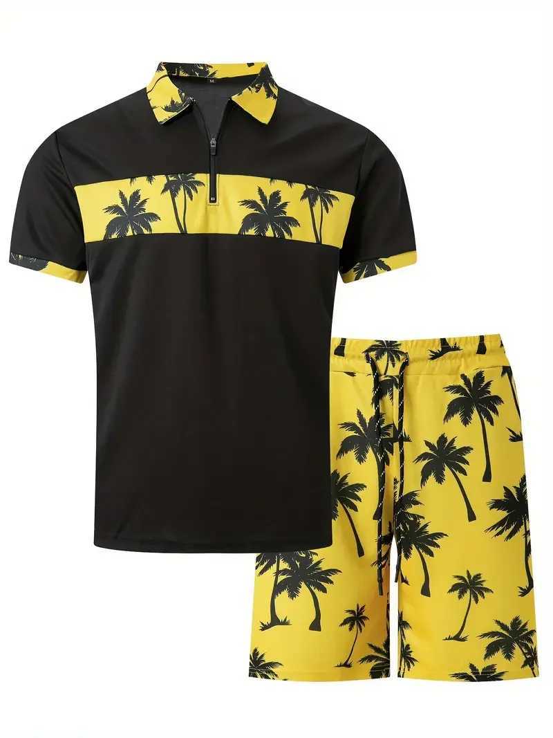 Mens 3D printed coconut Tr fragment pattern zipper shirt+shorts 2-piece unisex fashionable casual simple style clothing W241104