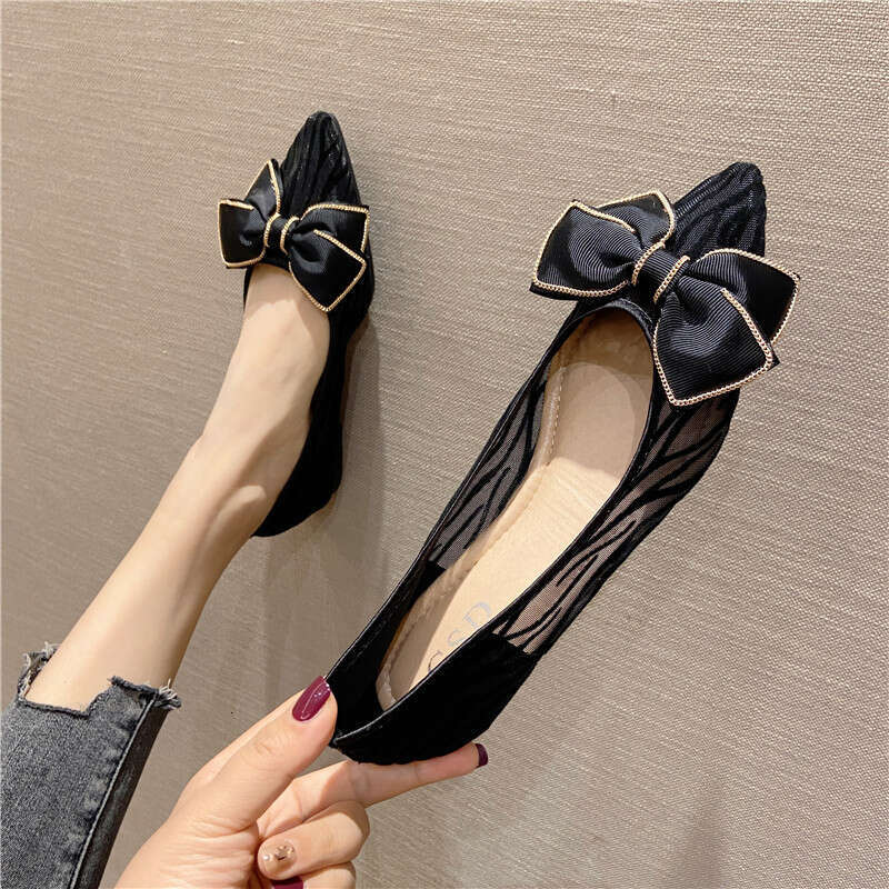 2023 Summer New Korean Butterfly Bow Decoration Shallow Mouth Pointed Soft Bottom Bean Mesh Breathable Flat Shoes For Women