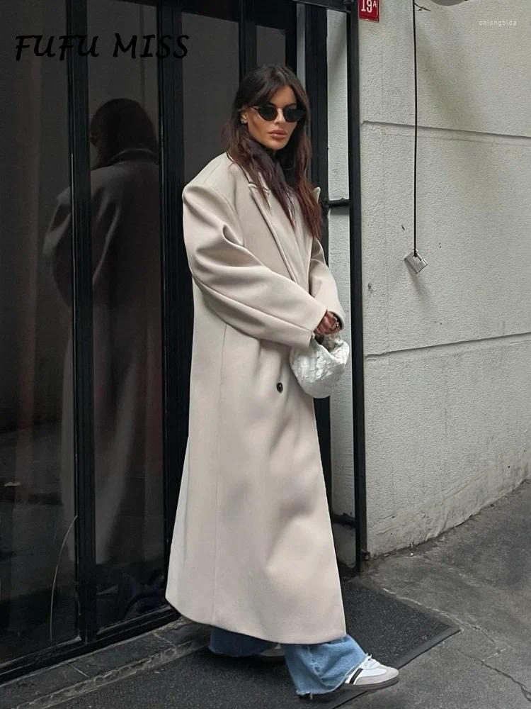 Women's Jackets Solid Woolen Lapel Long Coats For Women Loose Full Sleeve Double Breasted Shoulder Pads Overcoats 2024 Autumn Lady Outwears