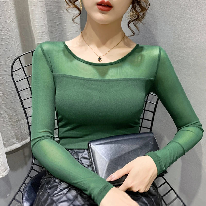 Autumn Winter Round Neck T shirt Women Sexy Mesh Bottoming Shirt Long Sleeve Solid Color Slim Fit Casual Tops 241029