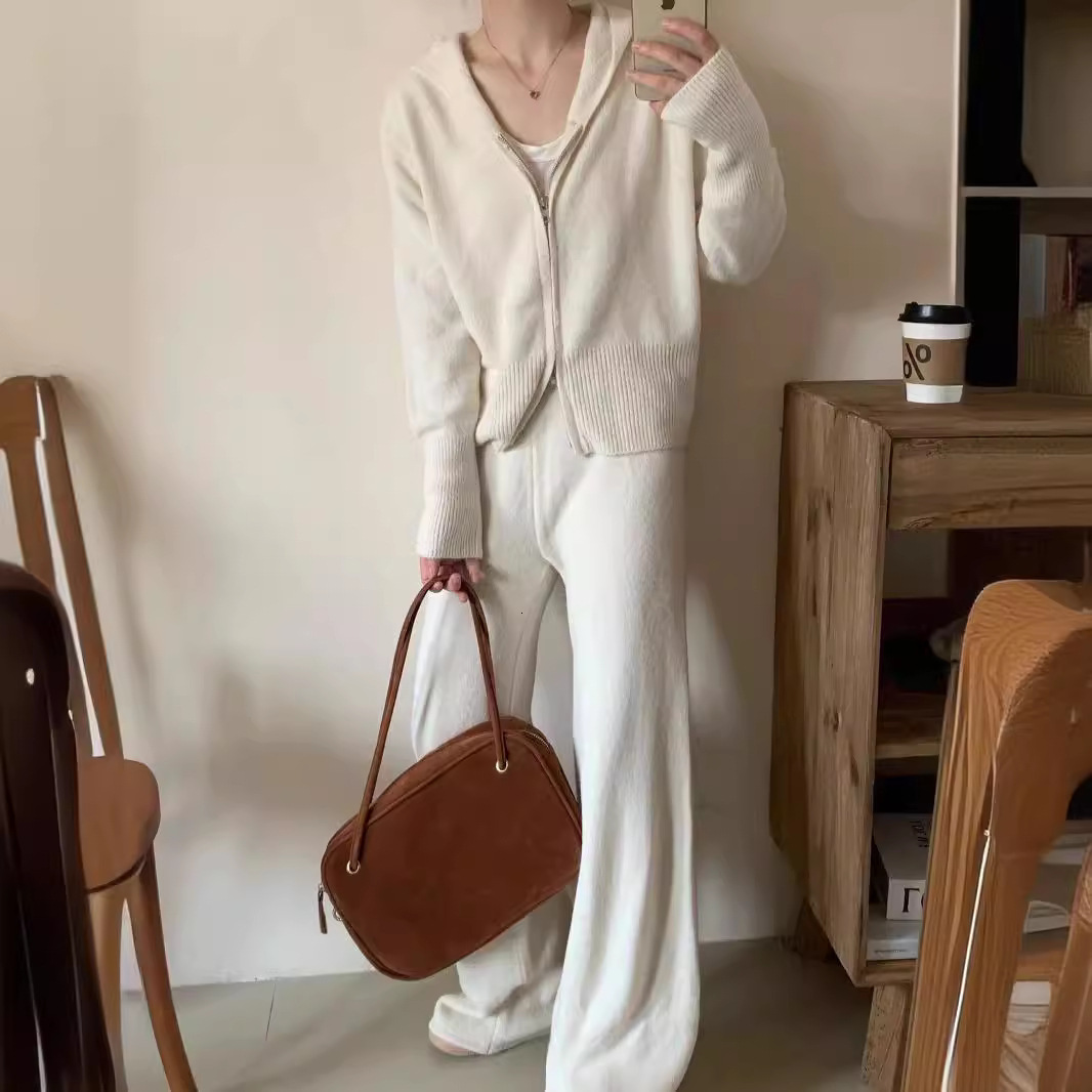 Korean Fashion Pants Fall And Winter Women's Casual Zipper Hooded Knitted Cardigan Loose Trousers 2Pcs Track Suit