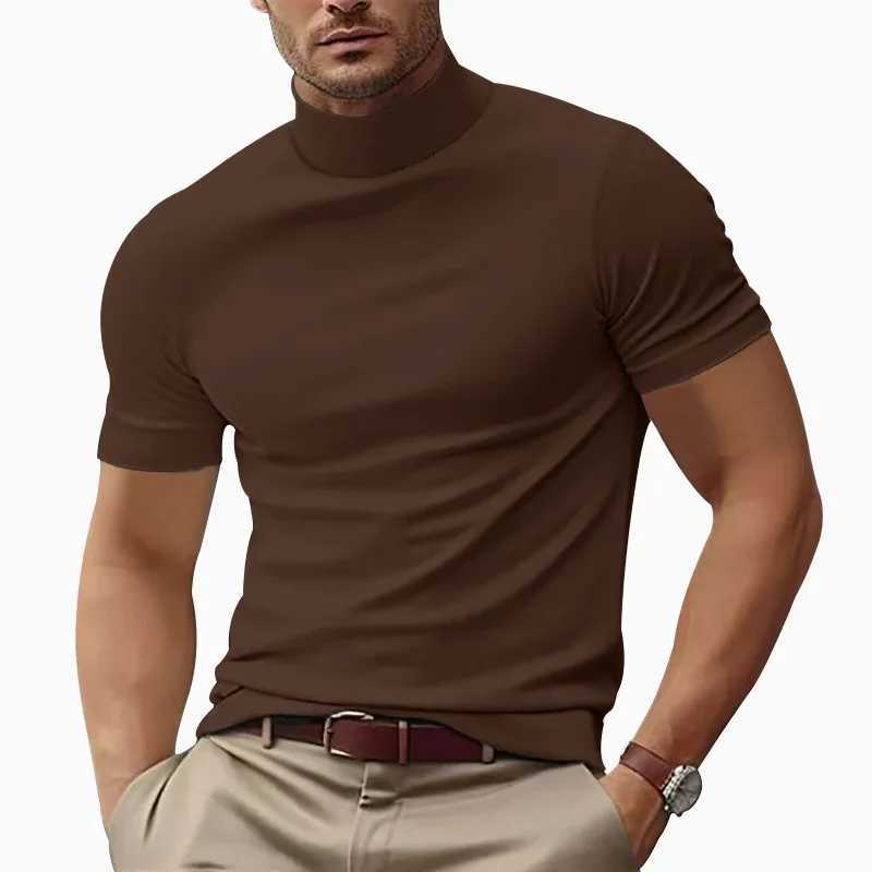Summer New Casual T-shirt Fashion Half High Collar Slim Fit Solid Color Bottom Collar Solid Color T-shirt Simple Style Wearing W241104