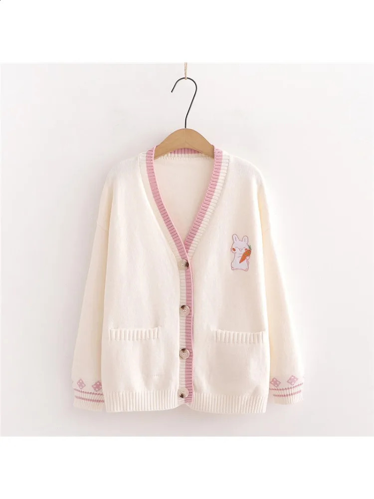 Autumn Korean Mori Girl Sweet Sweater Lolita Cute Bunny Embroidery Knitted Top Japanese Women Long Sleeve Cardigan Coat Knitwear 241105