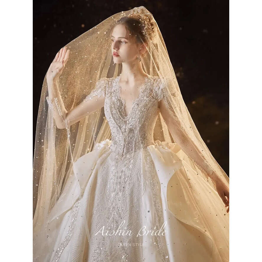 Long Sleeve New Dress Elegant Pearls Beads Wedding Bride Gowns White D Ral Lace Applique Neck Sweep Train A E Arabic Dubai V De Noiva Rabic