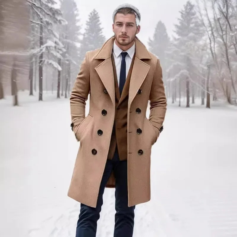 2024 Autumn and Winter High-quality Thick Long Double Breasted Mens Woolen Coat Slim Fit Woolen Coat 241104