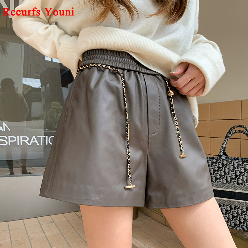 Women Genuine Leather Pants 2023 Versatile A-E Golden Chain Wide Leg Elastic Waist Shorts Grey Pantalones Casual Ropa Mujer