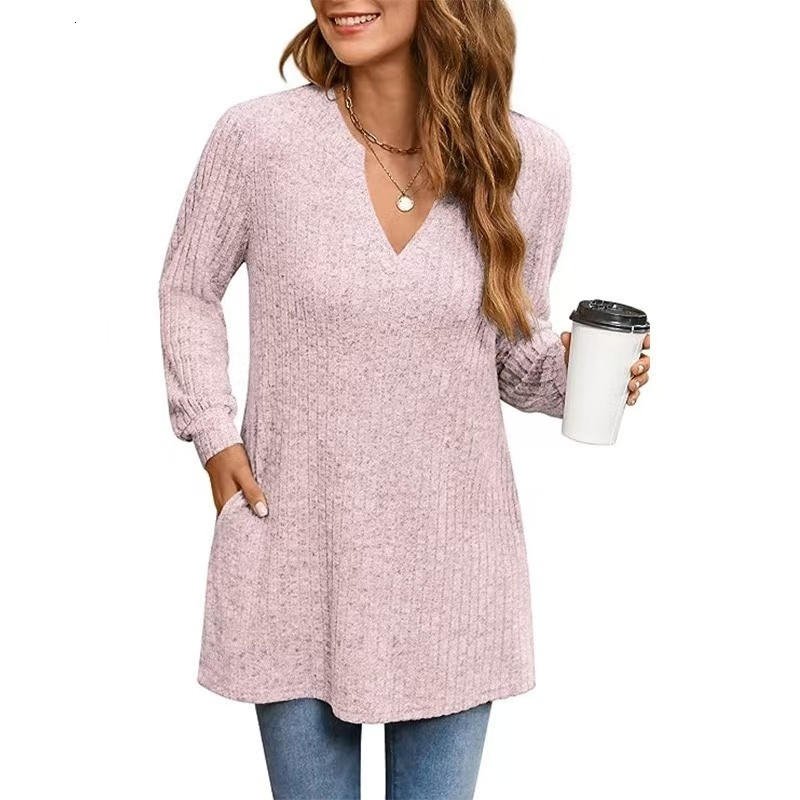 Women's Sweaters Autumn Winte Knitted Shirt Long Sleeved Solid Side Split Loose Top With Pockets Vintage Sweater