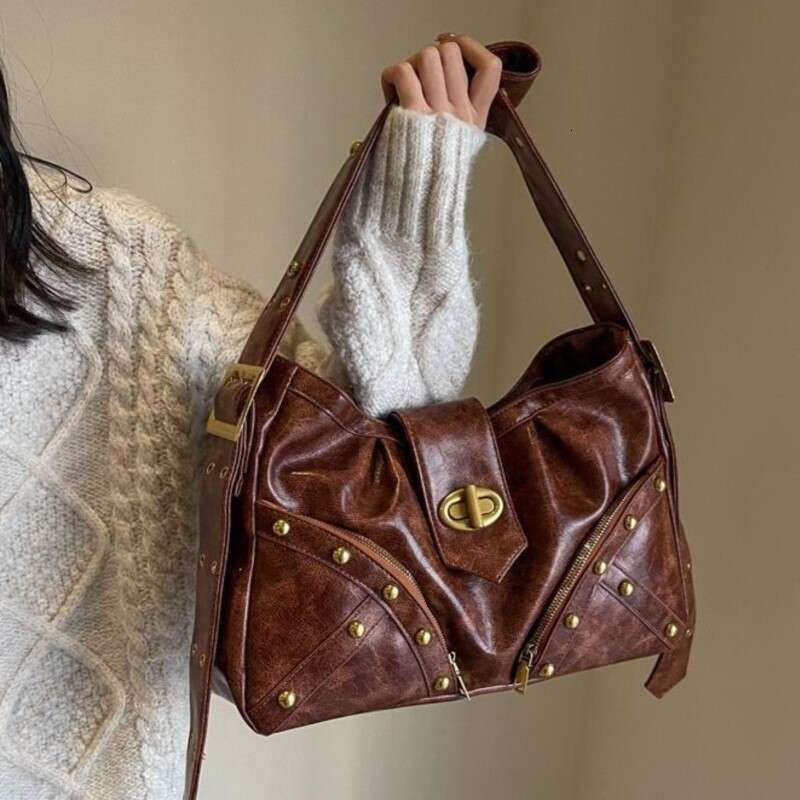 Designer Bag JIAERDI Vintage Rivet Coffee Shoulder Bags Women Y2k Grunge Large Capacity Tote Bag Female Moto Biker Messenger Bag Handbag Chic handbag