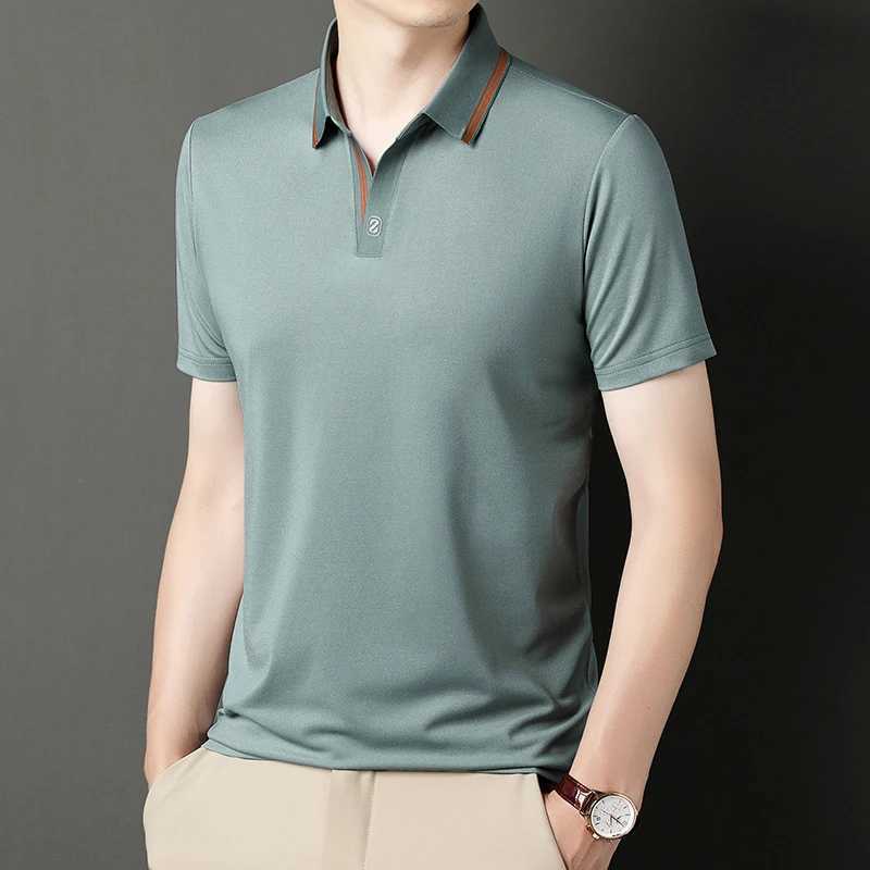 High end new summer mens collar embroidered print ice silk short slip shirt business casual T-shirt mens clothing W241104