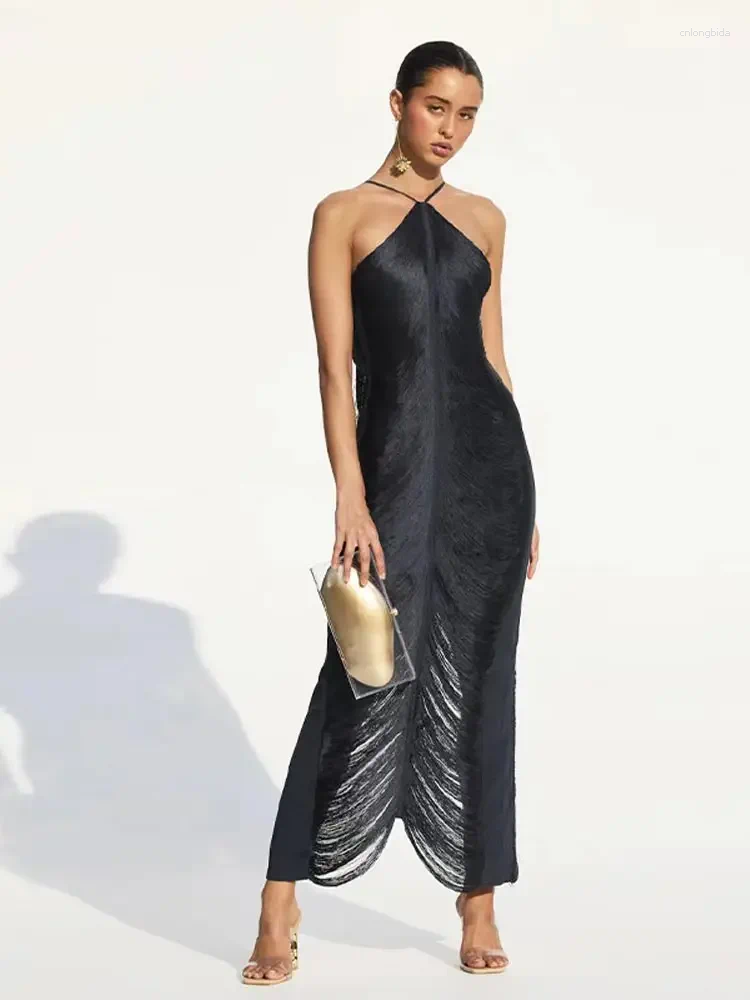 Casual Dresses Chic Tassel Patchwork Slit Halter Evening Dress Women Sexy Off Shoulder Sleeveless Long Female Fashion Party Vestidos
