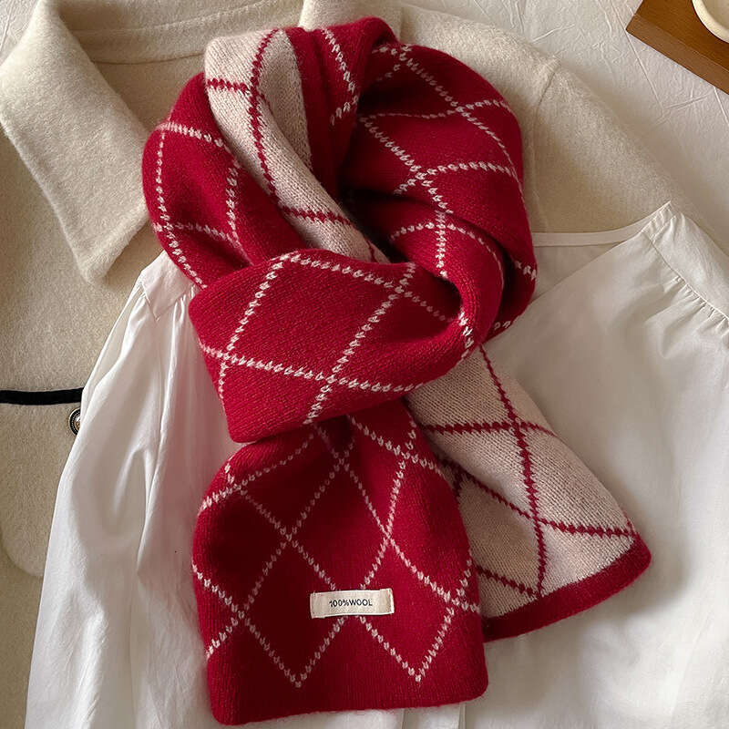 Dia plaid wool scarf for women's winter warmth, long knitted two-color versatile scarf, student Korean version, couple's style