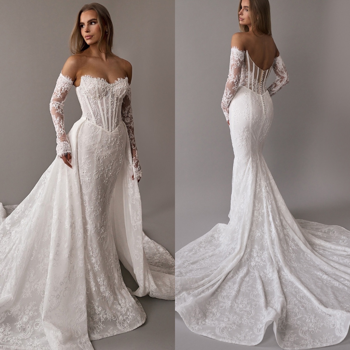 Mermaid Gorgeous Lace Dress With Overskirt Sweetheart Long Sleeves Wedding Gown Bone Bodice Button Back Robe De Mariee