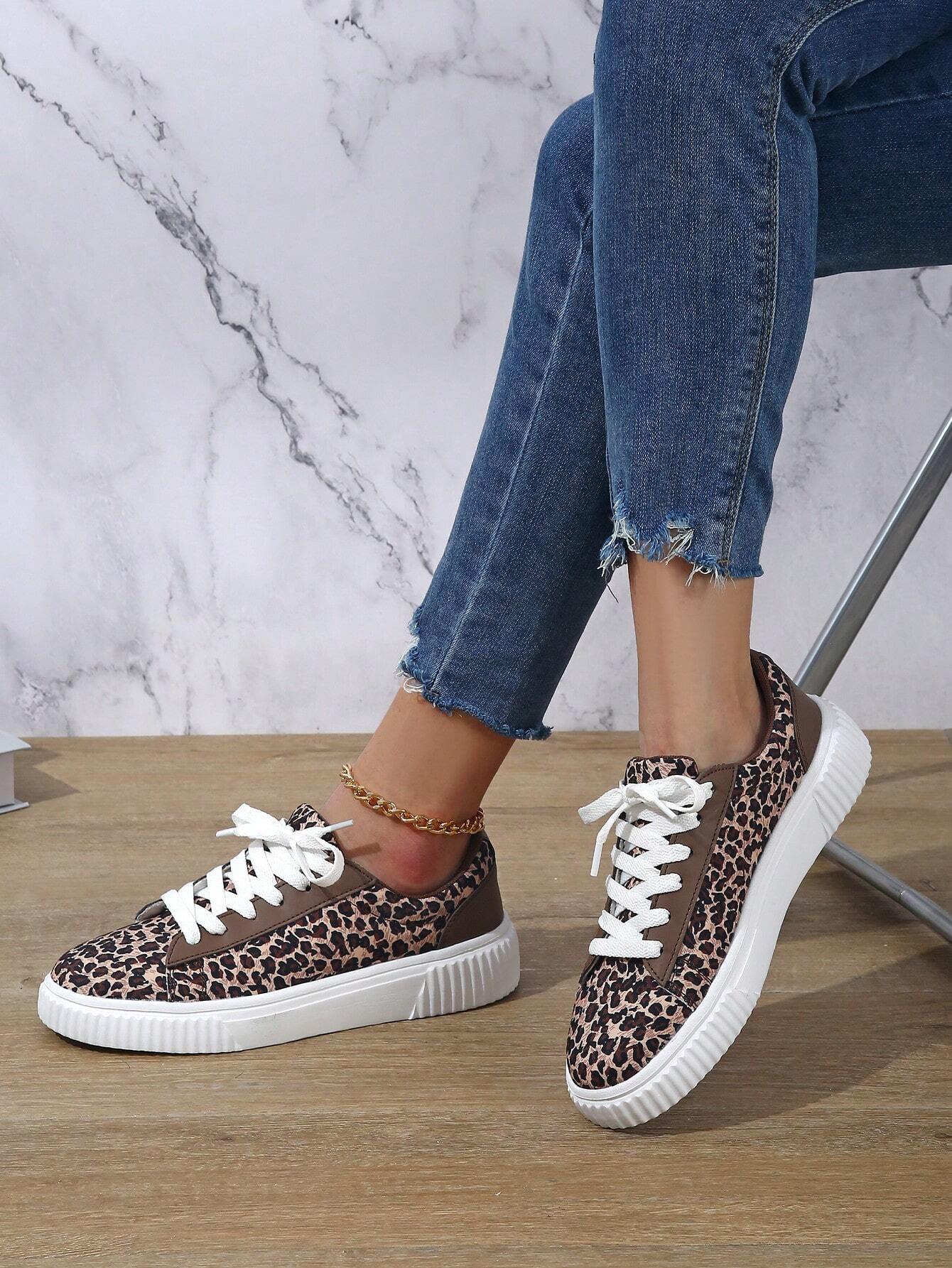 Fashionable Leopard Print Women S Sneakers European And American Style Sports Lace Up Casual Athletic Slip Resistant Comfortable Skate Shoes Outdoor W