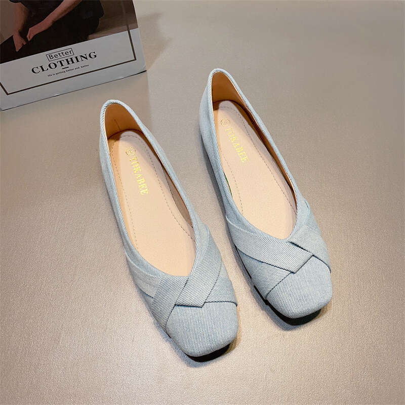 Tmpramnt Fairy Styl Comfortabl Soft Sold Ban Shos For Womn Koran Vrsion Nw Dnim Fabric Surfac Simpl Shallow Mouth Squar To Flat Sol Singl