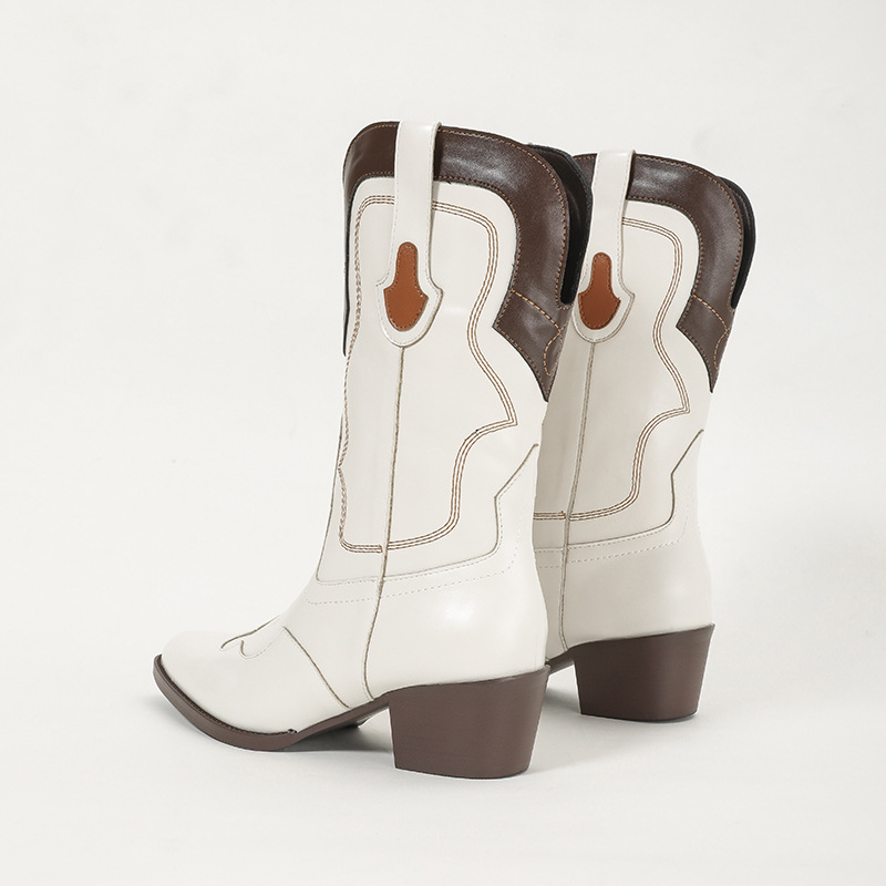 Autumn New Pointed Embroidery Thread Color Blocked Thick Heel Short Boots.