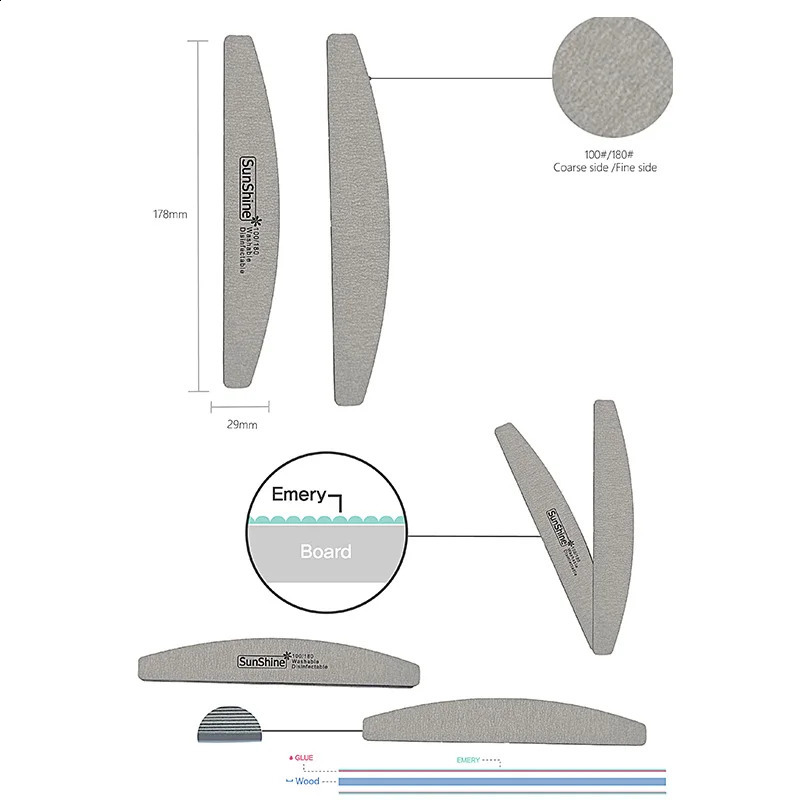 SunShine 20pcs Nail File Wood Thick Sandpaper 100180 Nail Manicure Sanding Nails Buffer Polishing Nail Polish Buffer Art Tools 241105