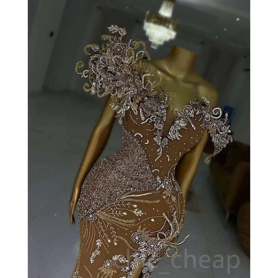 Aso Mermaid Ebi Prom Gold Dress Lace Beaded Evening Formal Party Second Reception Birthday Bridesmaid Engagement Gowns Dresses Robe De Soiree Zj Es