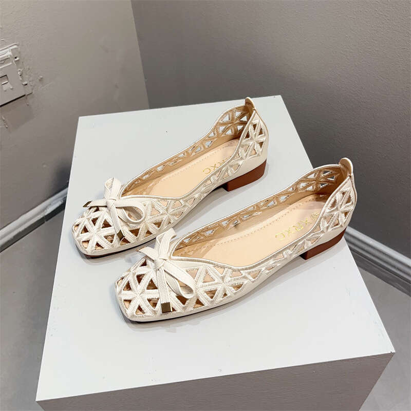 Breathable Hollowed Out Single Shoe Women's Summer Korean Version New Versatile Butterfly Bow Soft Sole Square Shallow Mouth Low Heel Toe Sandals