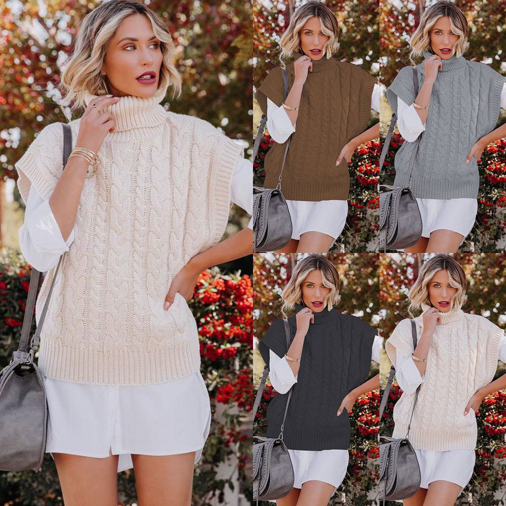 Autumn And Winter Fashionable Sleeveless Button Rope Vest Knitted Loose Pullover High Neck Sweater For Women