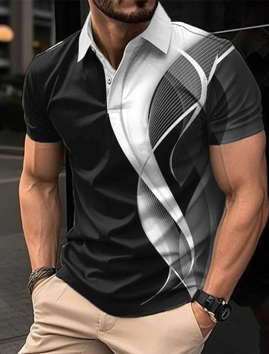 New 3D printed mens lightweight luxury casual high-quality shirt with lapel buttons business matching color breathable T-shirt W241104