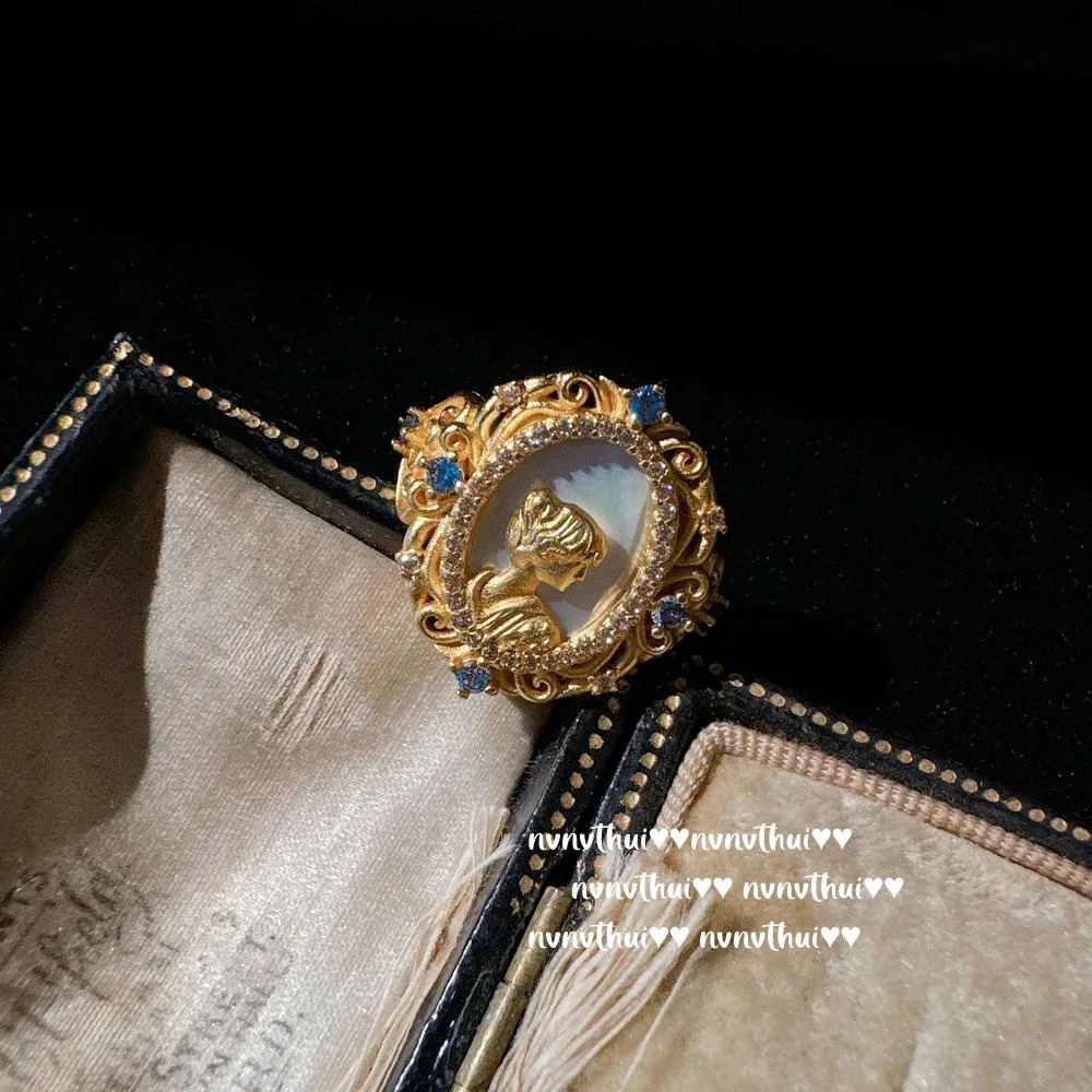 Original 18K Gold Plated Exquisite Carving Goddess Face Jewelry Sets with Zircon Court Style Retro Women Ring Earring Necklace 241105