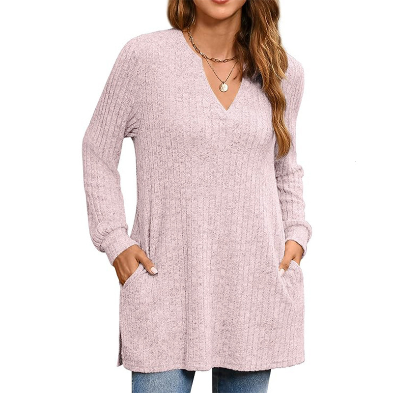 Women's Sweaters Autumn Winte Knitted Shirt Long Sleeved Solid Side Split Loose Top With Pockets Vintage Sweater