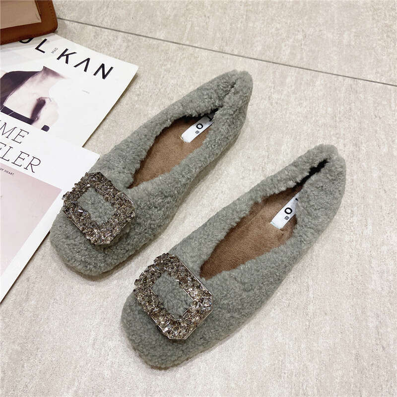 Add Fluffy Fur Women In And Winter, Low Cut Black Flat Heeled Women, One Foot For Autumn Outdoor Wear, Pointed Square Toe Bean Shoes