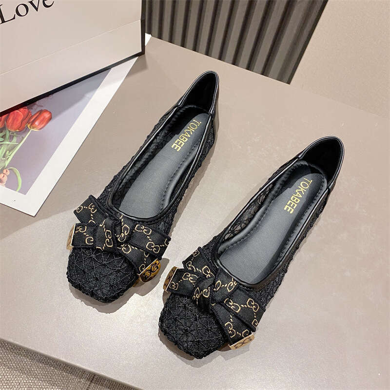 2023 Summer Mesh Sandals Square Head Bow Hollow Breathable Flat Shallow Mouth Fairy Women's Shoes