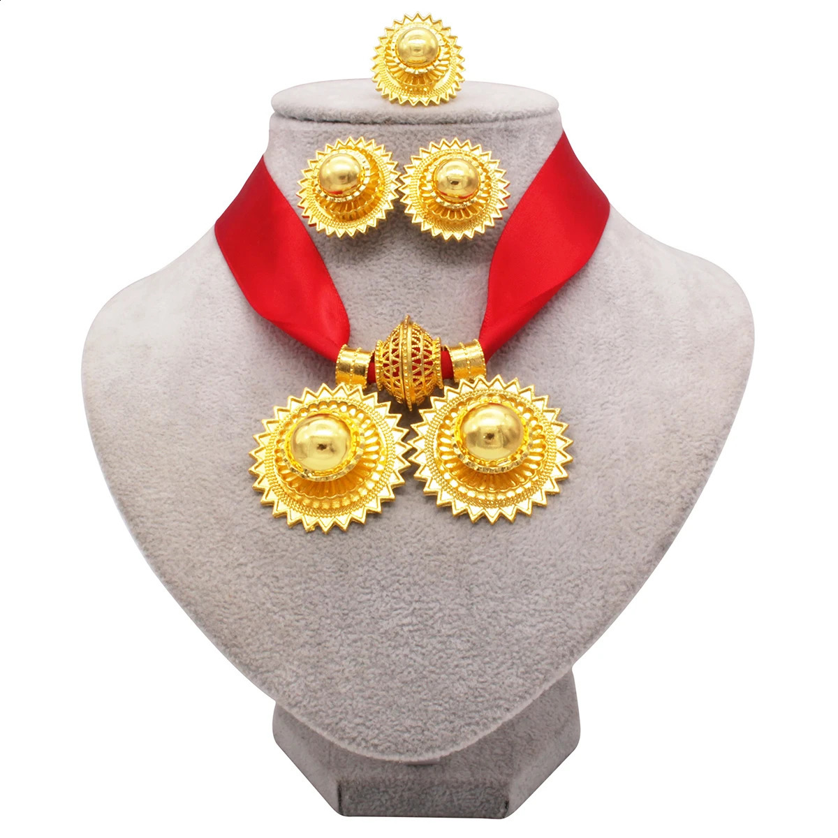 African wedding gold color jewelry sets for women Dubai bridal party gifts round pendant rope necklace bracelet earring ring set 241105