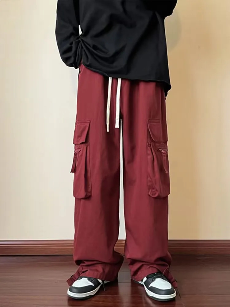 Black Cargo Pants Men Fashion Pocket Casual Korean Style Streetwear Hip Hop Loose Straight Mens Trousers 241105