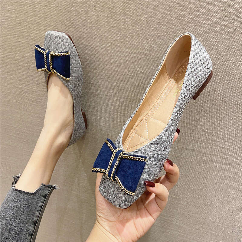 Korean Version Flat Bottomed Single Women's Summer Versatile Square Toe 2023 New Spring Woven Surface Soft Sole Shallow Mouth Comfortable Scoop S