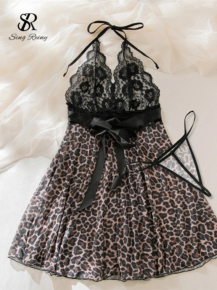 SINGREINY Leopard Sheer Halter Erotic Nightwear Fashion Aline Patchwork Slim Night Dress Women Porno Lace Spliced Sexy Pajamas 241105