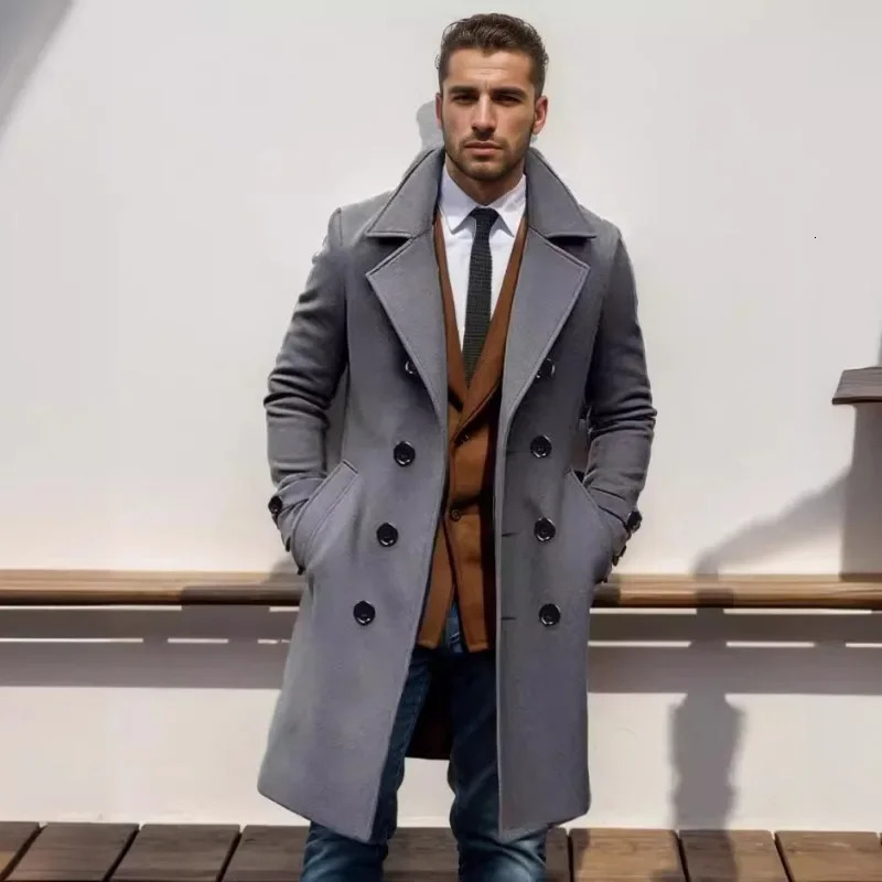 2024 Autumn and Winter High-quality Thick Long Double Breasted Mens Woolen Coat Slim Fit Woolen Coat 241104