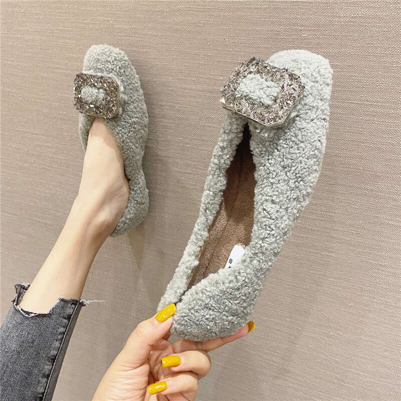 Add Fluffy Fur Women In And Winter, Low Cut Black Flat Heeled Women, One Foot For Autumn Outdoor Wear, Pointed Square Toe Bean Shoes