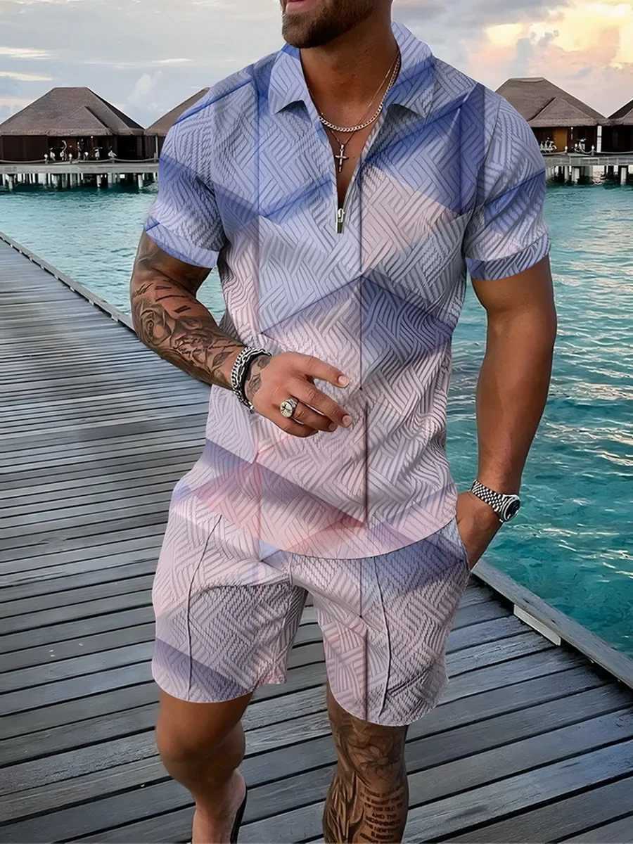 Mens shirt set 3D color geometric print summer sportswear 2-piece set popular zipper shirt+beach shorts W241104