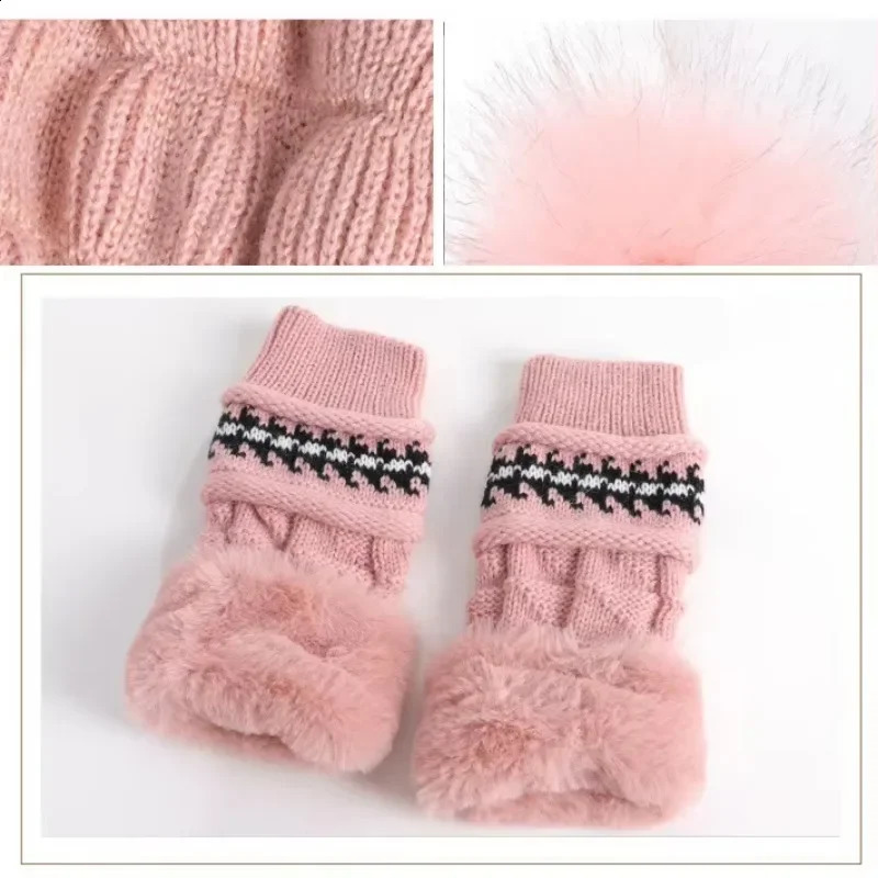 Womens Fashion Winter Beanie Hats with Earflaps Gloves Set Black Red Pink Blue Casual Beret Knitted Neck Ear Warmer L009 241105