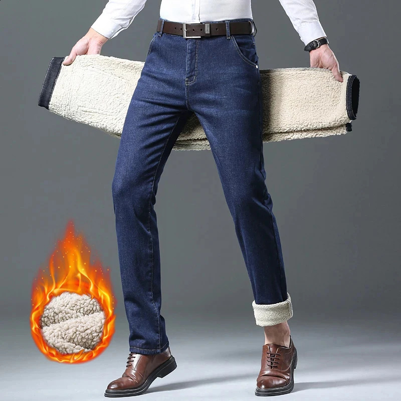 Winter Mens Fleece Thick Sherpa Jeans Business Casual Velvet Straight Denim Pants Male Wool Plush Classic Stretch Trousers 241105