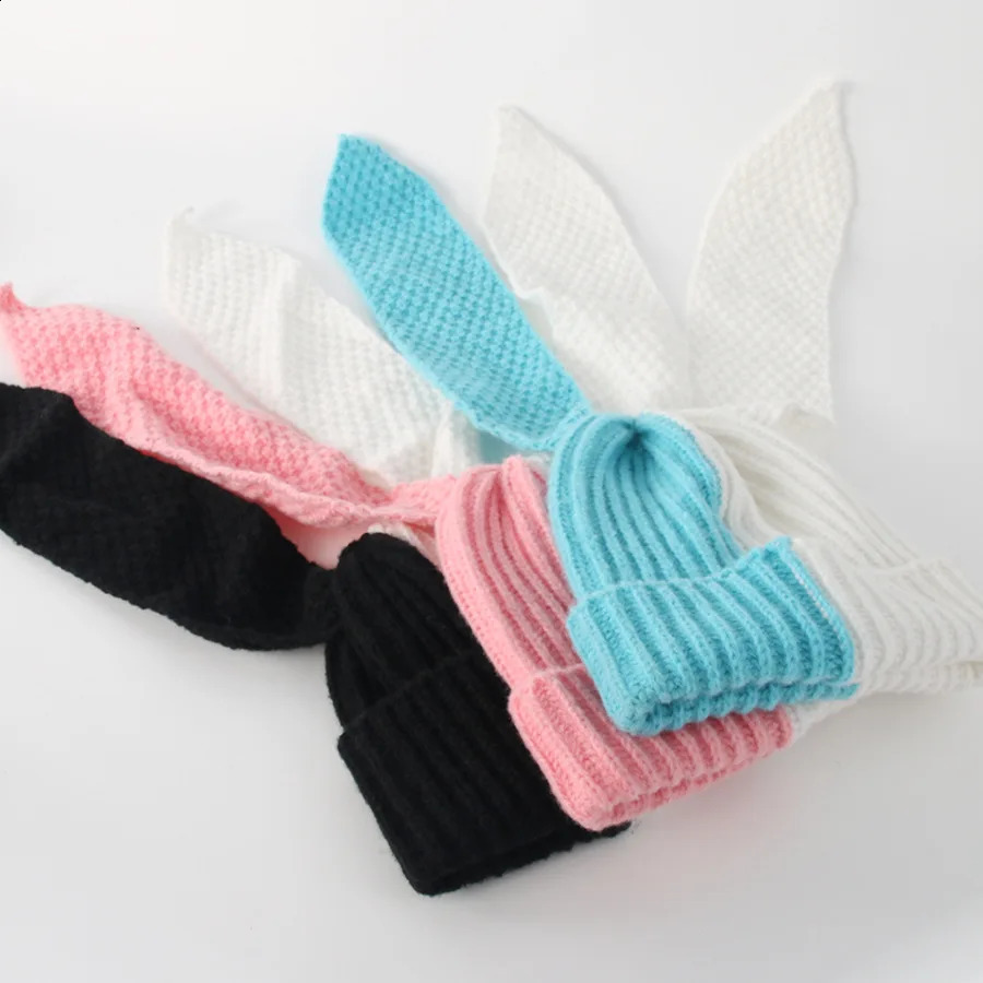 Women Knitted Beanie Hats Cute Bunny Long Ears Grunge Rabbit Fluffy Winter Cap Warm Crochet Outdoor Slouchy Skullies Cosplay 241105