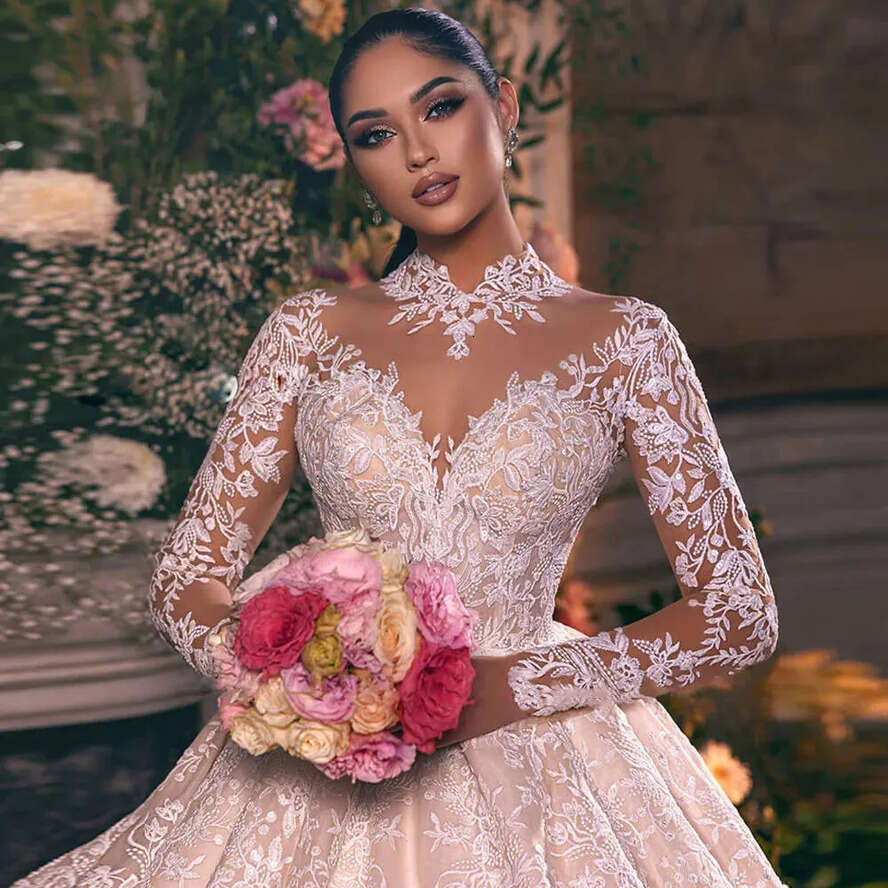 High Elegant Tulle Neck Wedding Dress Lace Applique Beaded Long Sleeve Bridal Gown Custom Made Princess Bride Dresses es