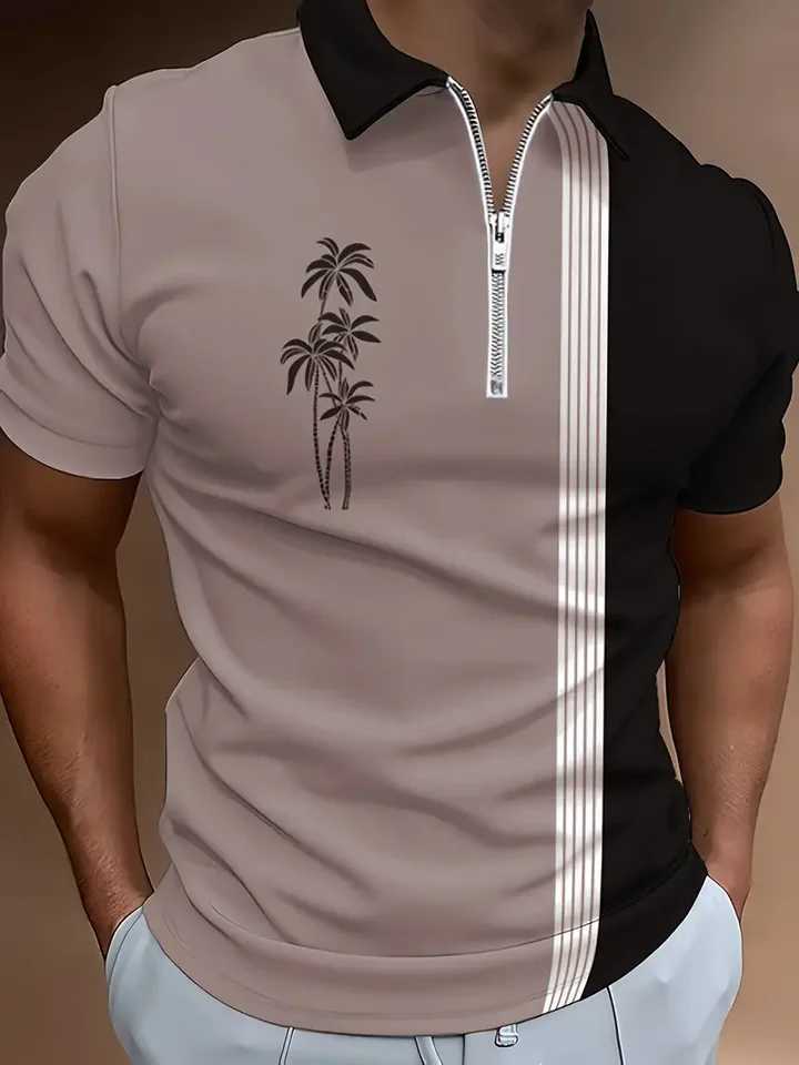 Mens casual breathable short sleeved shirt with collar and zipper fashionable business office summer T-shirt new top W241104