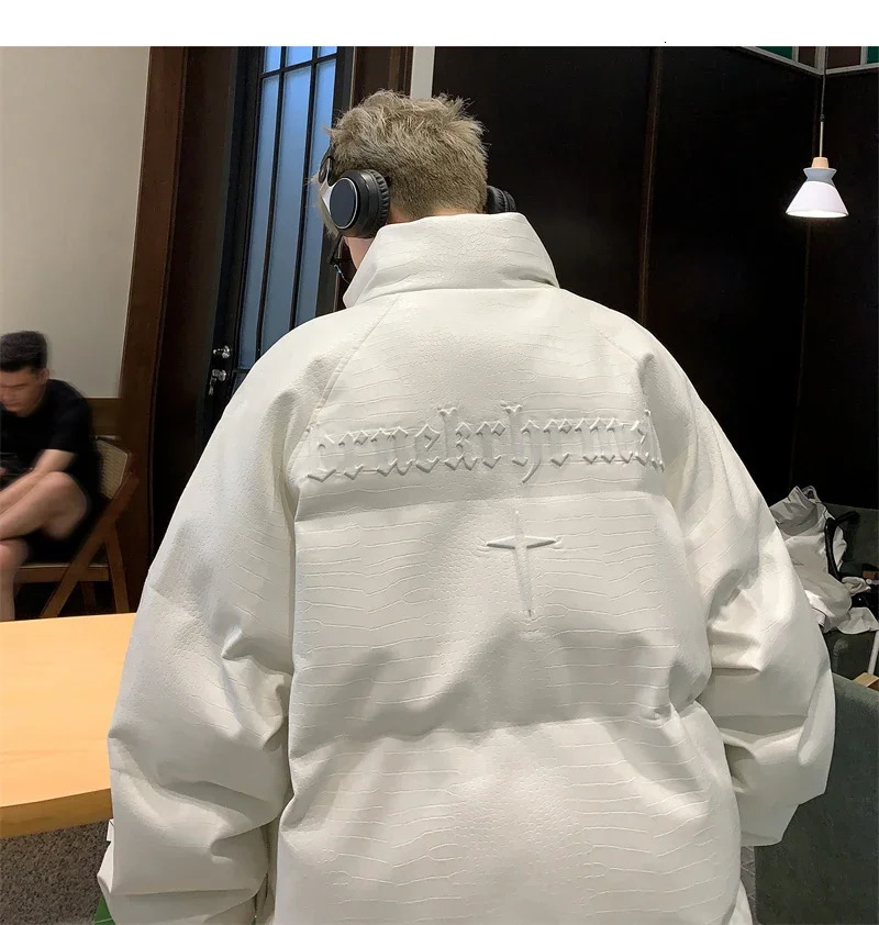 City Couple Down Jacket Winter PU Leather Jacket Pattern Fashion Preparatory Stand Collar Bread Jacket Mens Apron Jacket 241104