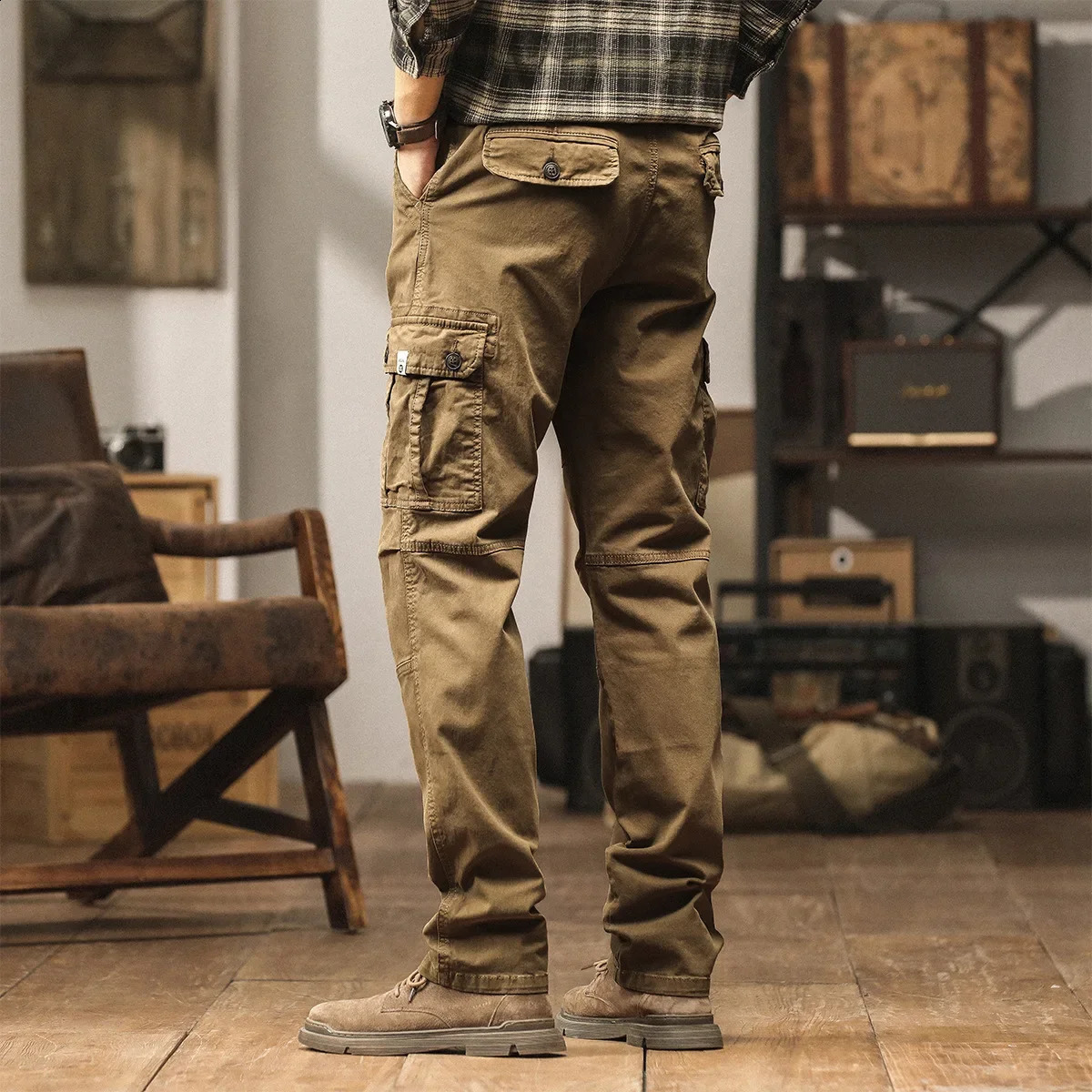 in Men Cargo Pants Straight Leg Cotton Casual Trouser Male Elastic Waist Stretch Side Pocket Safari Style Autumn Black 241105